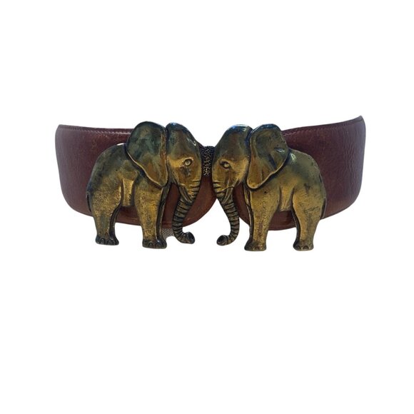 Vintage Tina Rose Brown Leather Belt With Brass Elephant Buckle - Picture 1 of 6